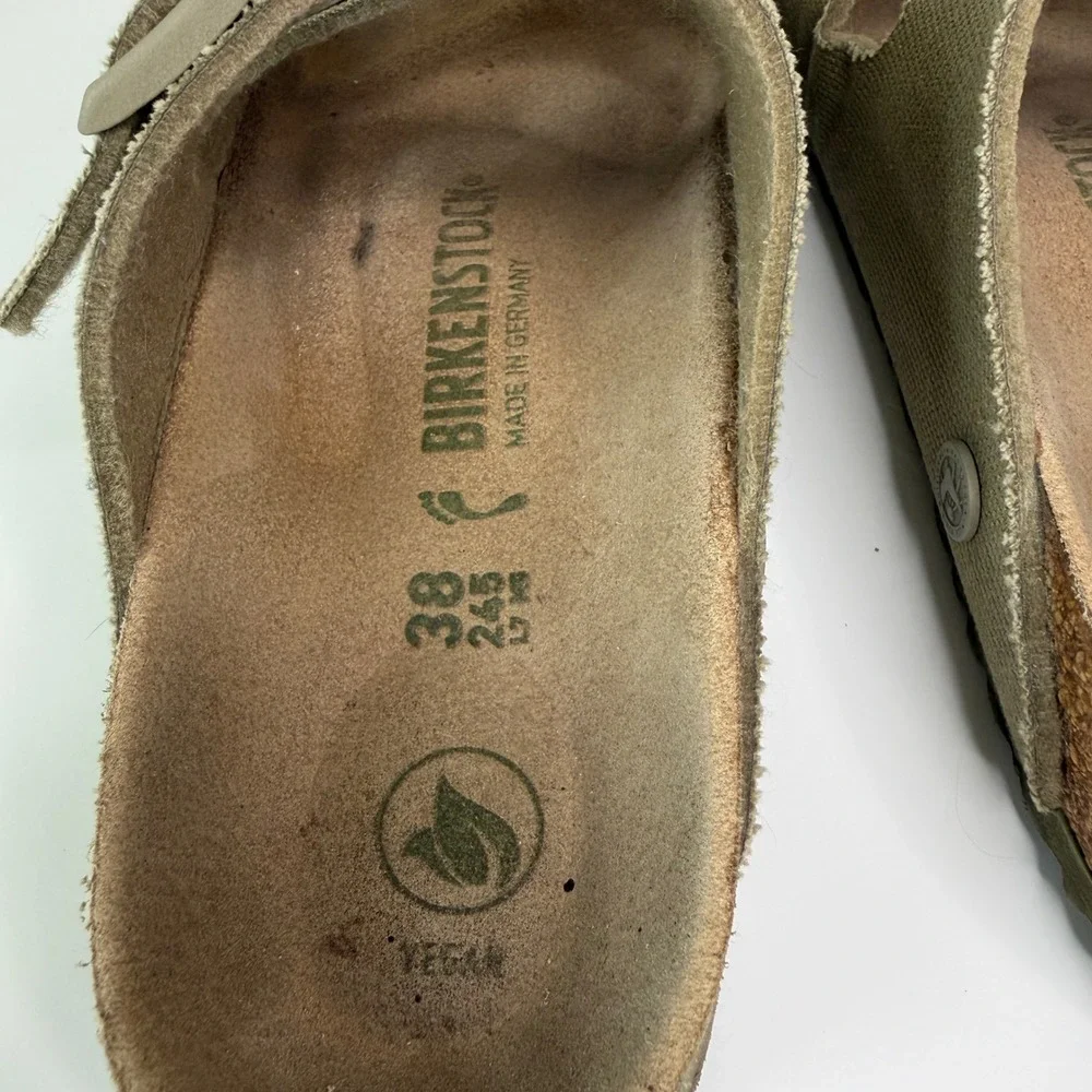 Birkenstock Arizona Women 38N Vegan Olive Double Strap Buckle Slides Boho